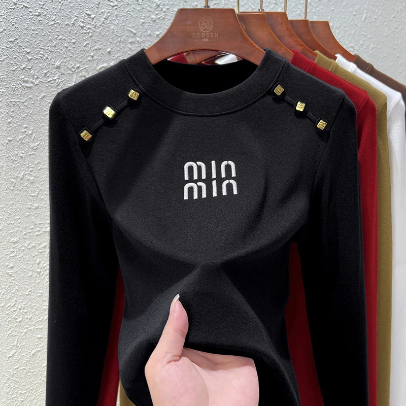【Q哥家】莫代尔棉字母打底衫女内搭2024洋气黑色长袖t恤女外穿上衣
