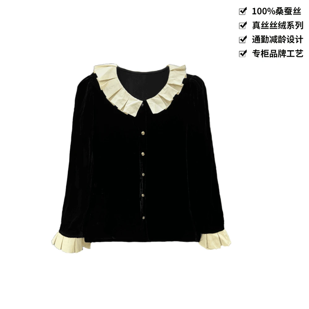 100桑蚕丝丝绒法式小香风减龄花边气质拼接长袖真丝丝绒外套上衣