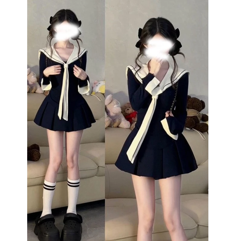 学院风小个子长袖套装女早秋甜辣妹正肩T恤收腰宽松百褶半身短裙