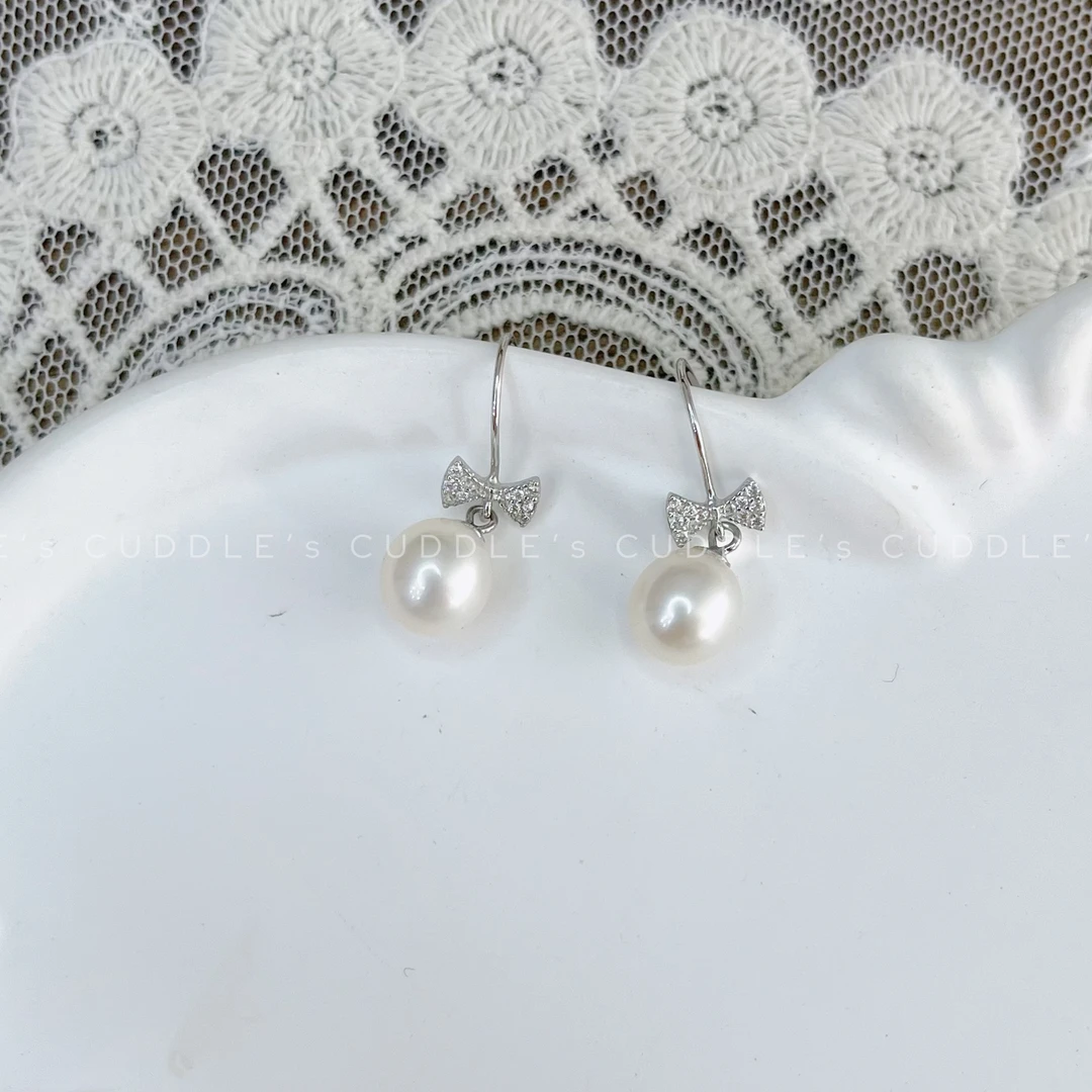 925银耳饰 Cuddle手作 E031 蝴蝶结珠珠耳钩 百搭时尚温柔系