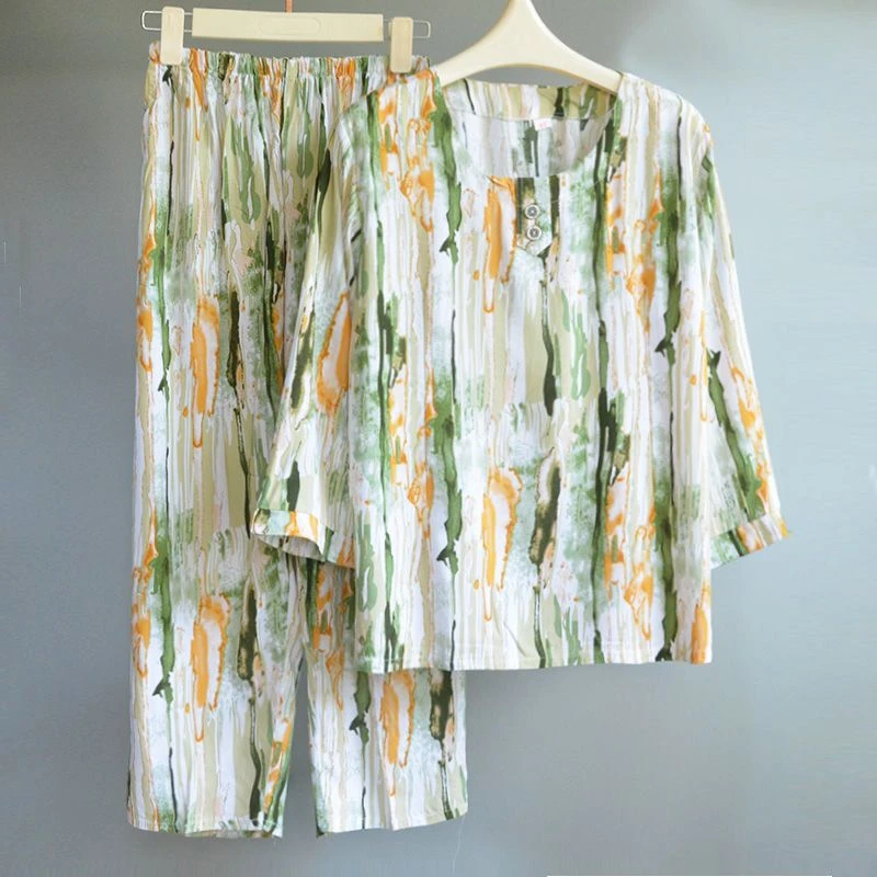 中老年妈妈棉绸睡衣套装夏季新款中袖洋气绵绸家居服可外穿套装