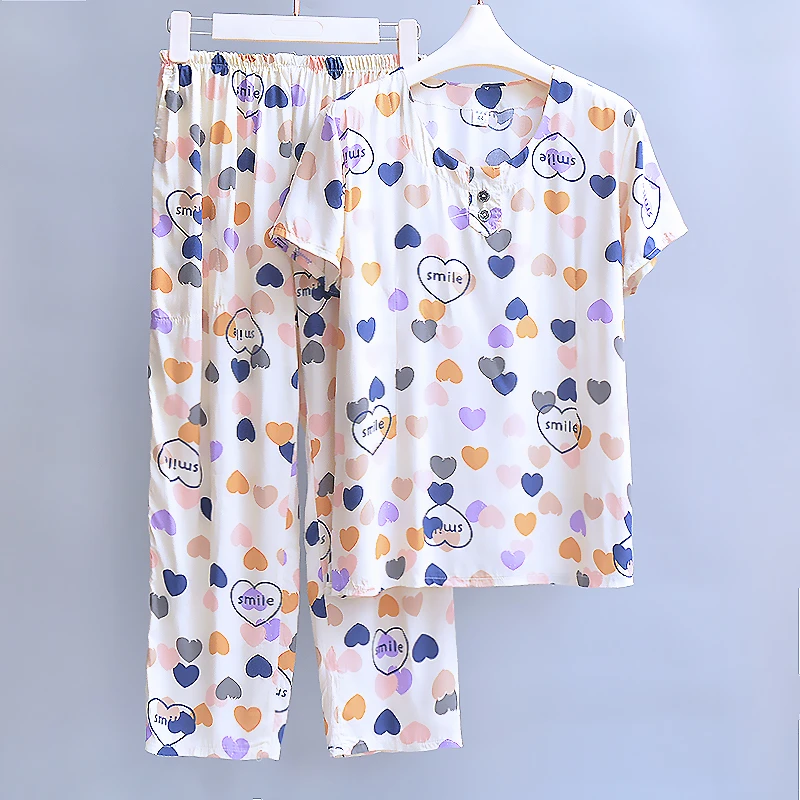 棉绸睡衣女士夏季薄款短袖七分裤人造棉宽松家居服外穿绵绸套装