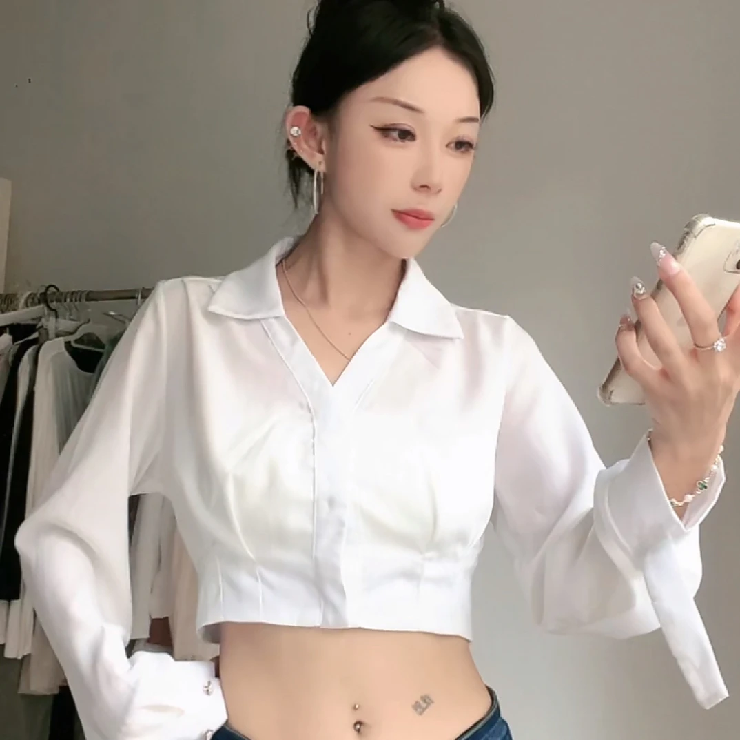 DA QIAN JIN收腰衬衫女长袖早秋短款设计感衬衫