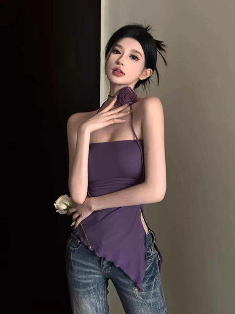 抹胸女复古轻熟风女辣妹高级感设计感2024新款不规则修身红色上衣