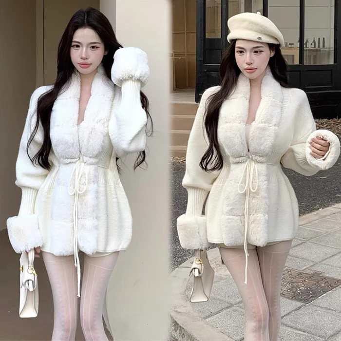 DA QIAN JIN 贵气名媛风卡色长袖开衫女冬季毛毛拼接针织衫上衣