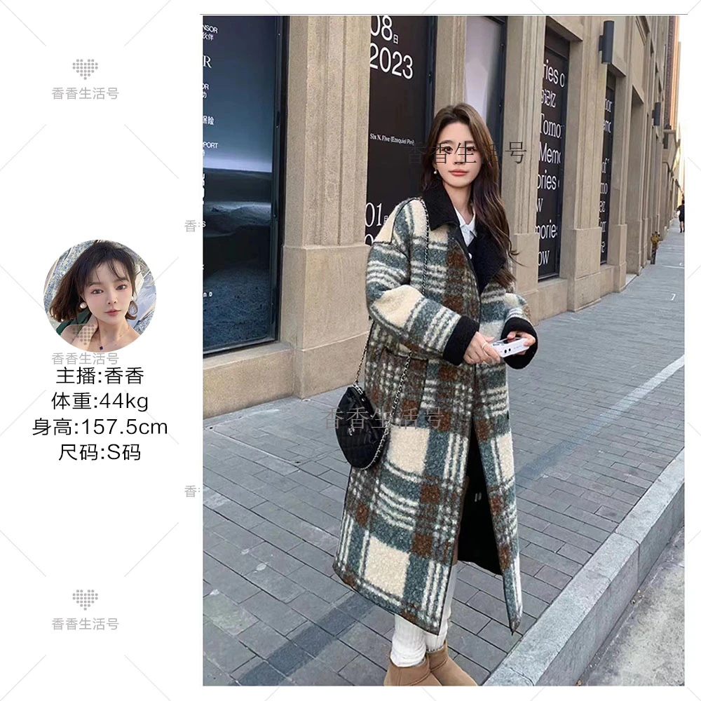 设计感格纹羊卷绒宽松大衣女加厚长款25年秋冬洋气双面穿1920#