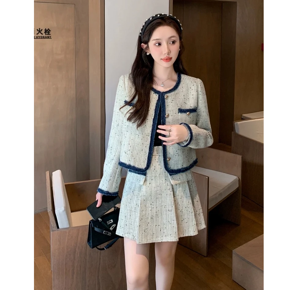 AWDJ8809#名媛风高级感轻奢粗花呢小香风外套+百褶半裙 两件装