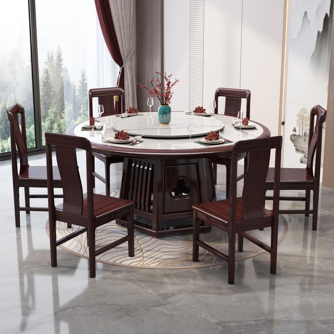 新中式乌金木轻奢简约岩板圆桌#圆形轻奢岩板餐桌餐桌椅