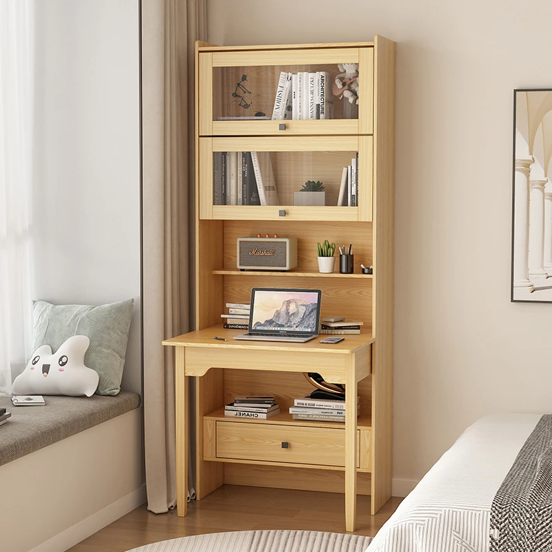 电脑桌折叠书桌书柜一体书房学习家用简约办公桌奶油风笔记本桌子