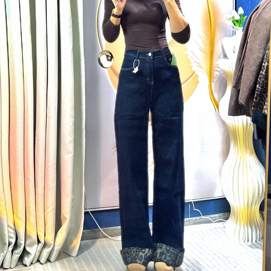 深蓝拼接大阔腿牛仔裤女高腰2024春秋新款宽松显瘦设计感拖地长裤