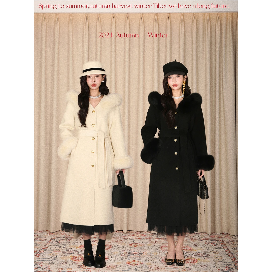 DALU  【大女主】真狐狸毛双面手工呢 收腰系带中长款呢大衣