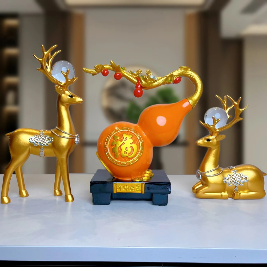 纯手工工艺品葫芦麋鹿高档室内玄关金色摆件复古酒柜装饰品摆件