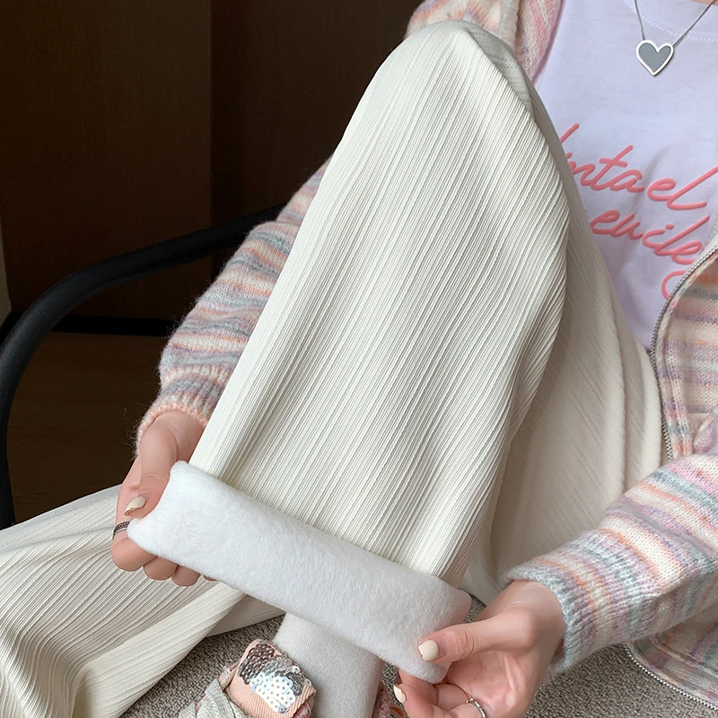 窄版竖条纹加绒阔腿裤女秋冬新款宽松显瘦高腰垂感直筒休闲裤长裤