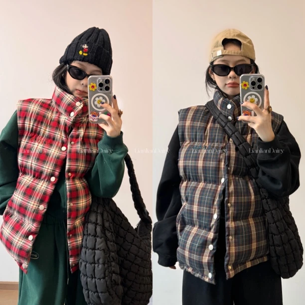 LianlianDairy 设计感格子马甲秋冬无袖加厚保暖棉服外套