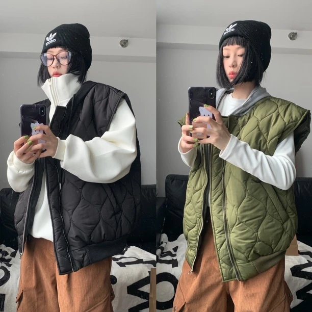 清清“No退No换”宽松菱格棉马甲背心女连帽韩国假两件休闲