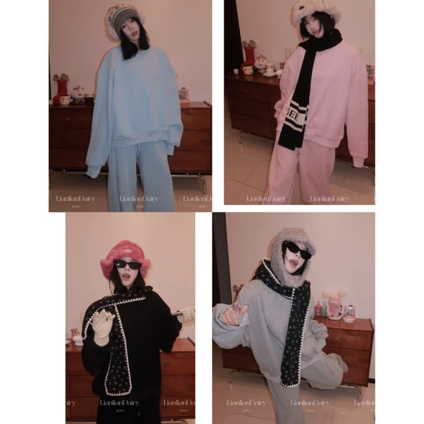 LianlianDairy （No退No换）宽松基础不规则加绒圆领休闲运动风卫衣