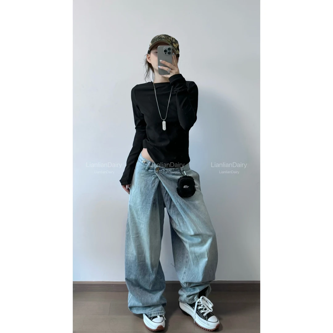 LianlianDairy 水洗交叉直筒高腰牛仔裤