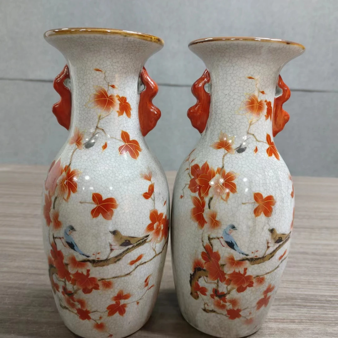 【金秋枫情开片双耳瓷器一对】春灪古斋精品精选开片瓷器
