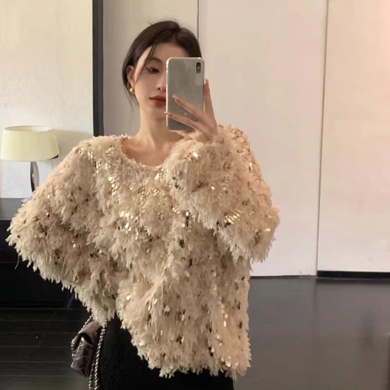 2024年秋冬新款法式心机气质高级感小众网红设计感亮片羽毛上衣