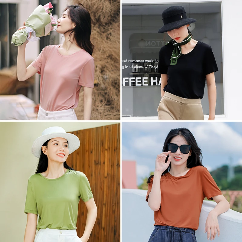 谭飞铜氨丝夏季女款透气简约时尚休闲风纯色V领T恤[DR]