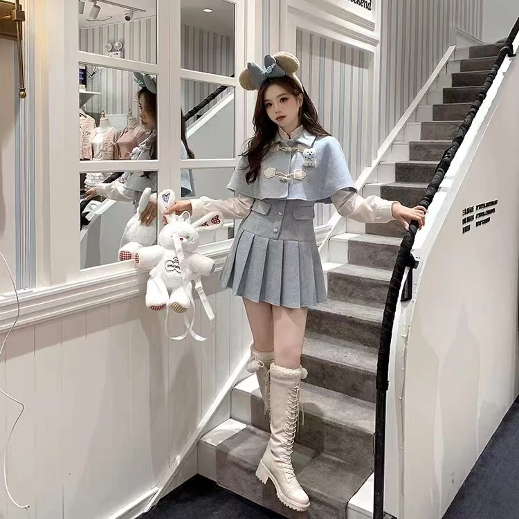 蓝白月光套装女秋冬季小个子学生韩系甜美气质千金感假两件连衣裙