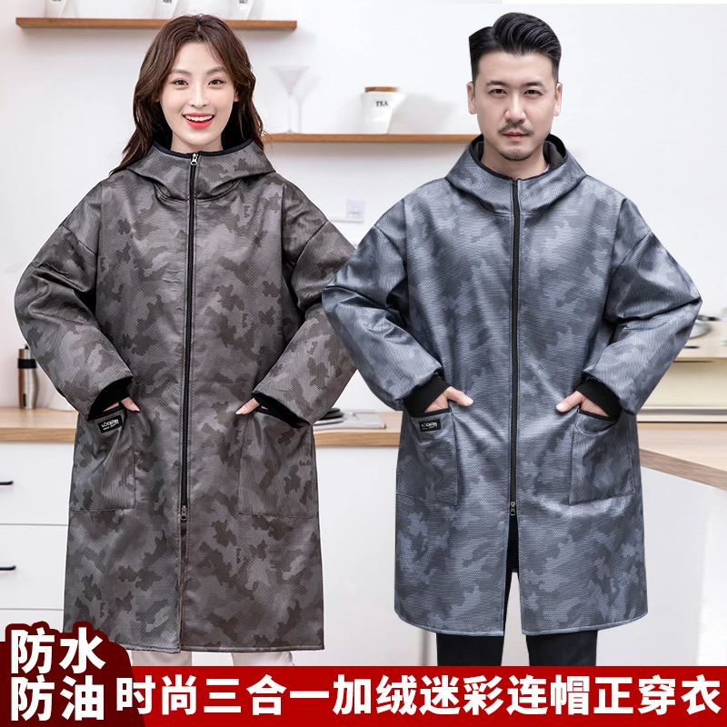 JIAQILI/佳绮利洋气加绒连帽长袖围裙上班外穿做饭防油防污保暖