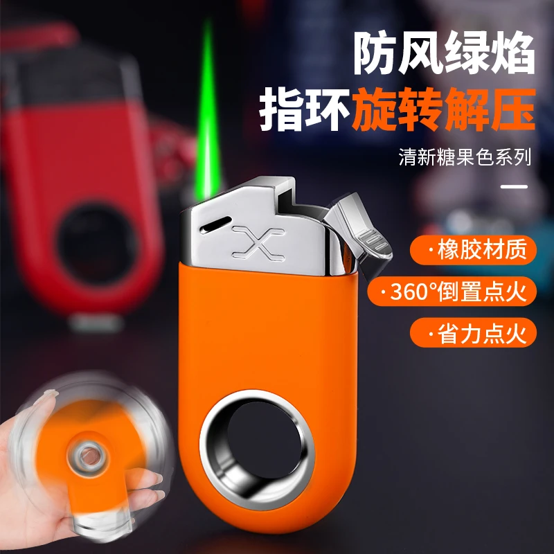 【520专属】指环旋转解压打火机防风直冲绿焰个性时尚网红高档礼物