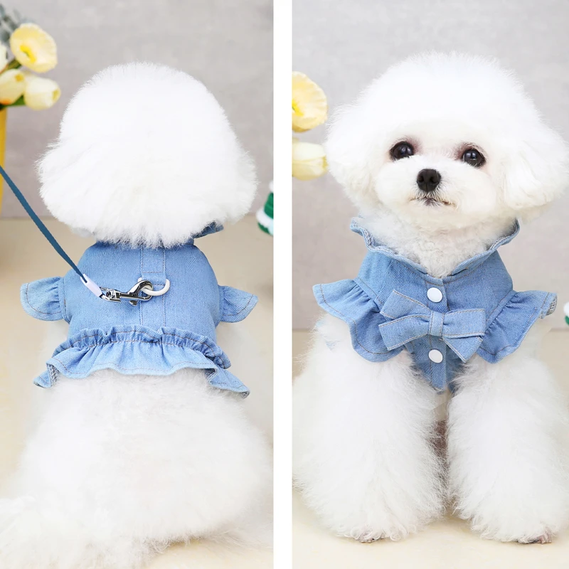 宠物猫咪衣服公主小狗狗牛仔裙子背心泰迪比熊春夏季薄款带牵引扣