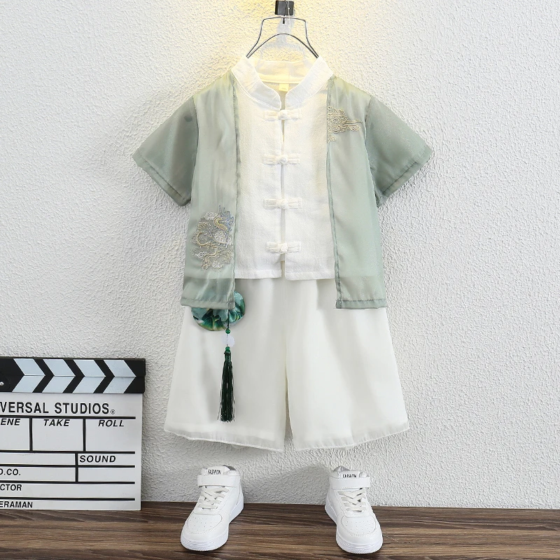 儿童汉服夏季长款套装薄款短袖国风男童女童宝宝生日六一表演礼服