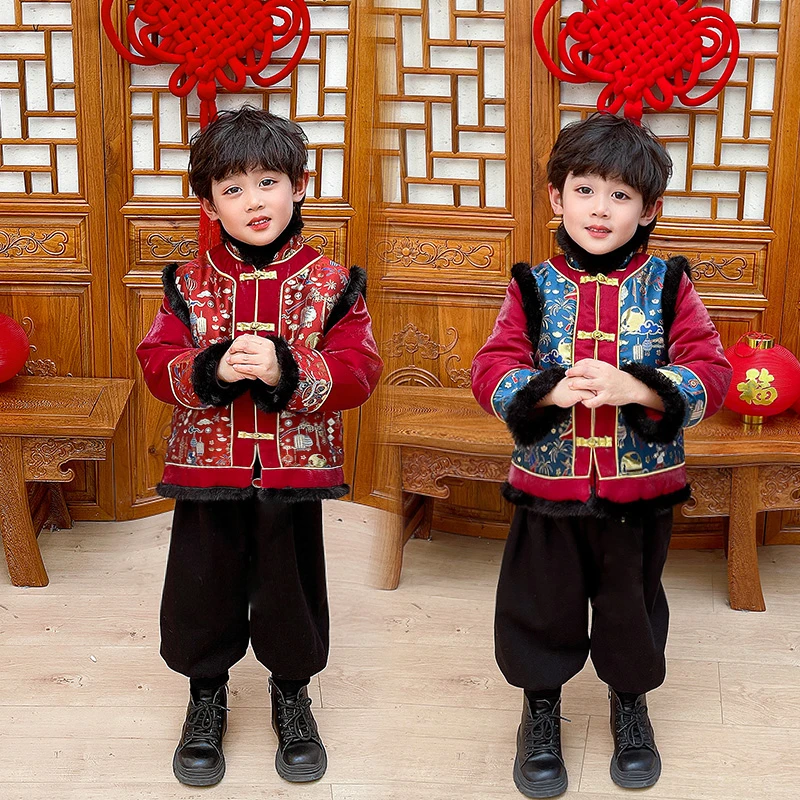 男童拜年服冬季加厚国风套装喜庆过年小男孩汉服唐装宝宝生日礼服