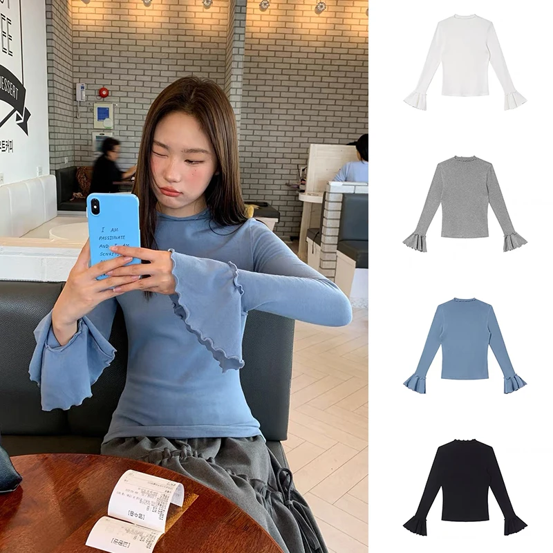 甜味布丁！荷叶边喇叭袖半高领打底衫女2024秋冬新款修身显瘦3074
