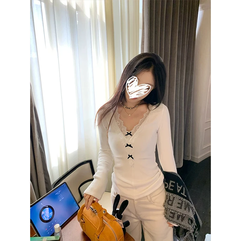 秋季时尚V领百搭磨毛打底衫蕾丝花边领气质休闲显瘦修身上衣3125