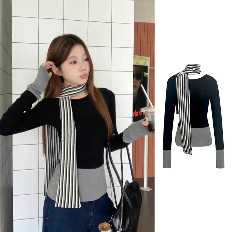 气质显瘦撞色拼接修身T恤+围巾休闲设计百搭女3056