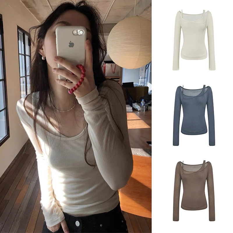 薄款初秋清冷微透纯欲假两件显瘦修身长袖露肩t恤女打底上衣 3027