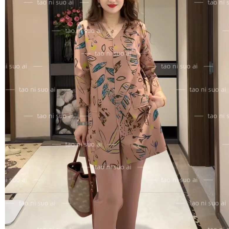 3322（套装）V领印花中长款时尚休闲中国风九分袖上衣+裤子两件套