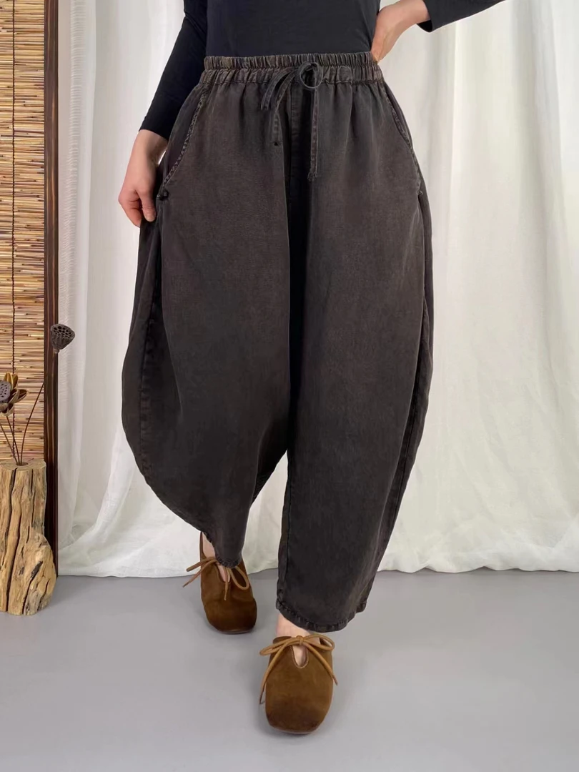 春夏新款复古炒色亚麻松紧高腰休闲裤女宽松显瘦哈伦裤女夏季