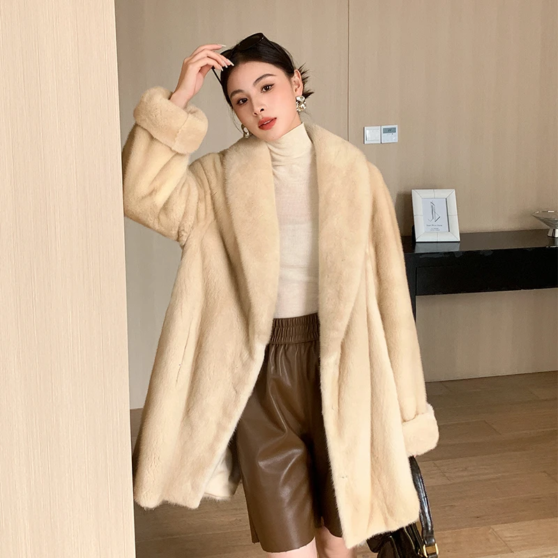 青果领紫标天鹅绒水貂进口貂皮大衣女整貂挽袖中长款皮草外套