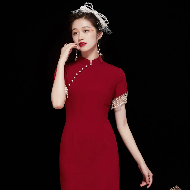 新中式旗袍女夏季新款中国风年轻款订珠显瘦红色改良连衣裙21137