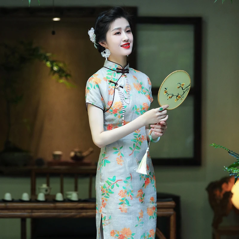 反季清 旗袍夏季新款女复古中国风苎麻日常改良连衣裙24055