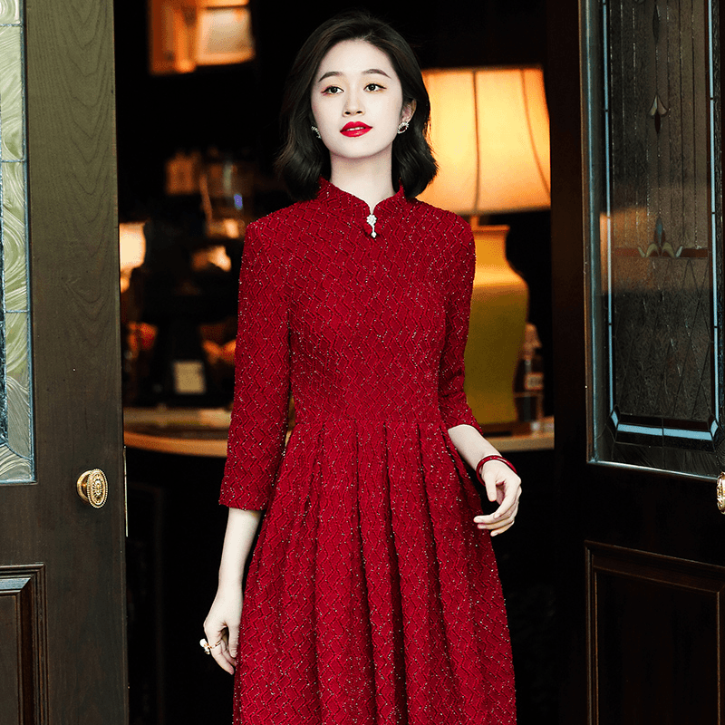 清「反季」旗袍裙中国风日常改良针织红色连衣裙230392