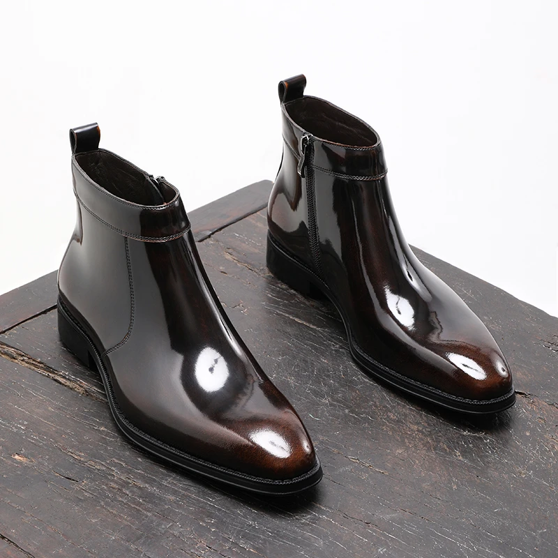 英伦风正装切尔西靴男亮皮高帮皮鞋马丁拉链短靴子商务风7799902