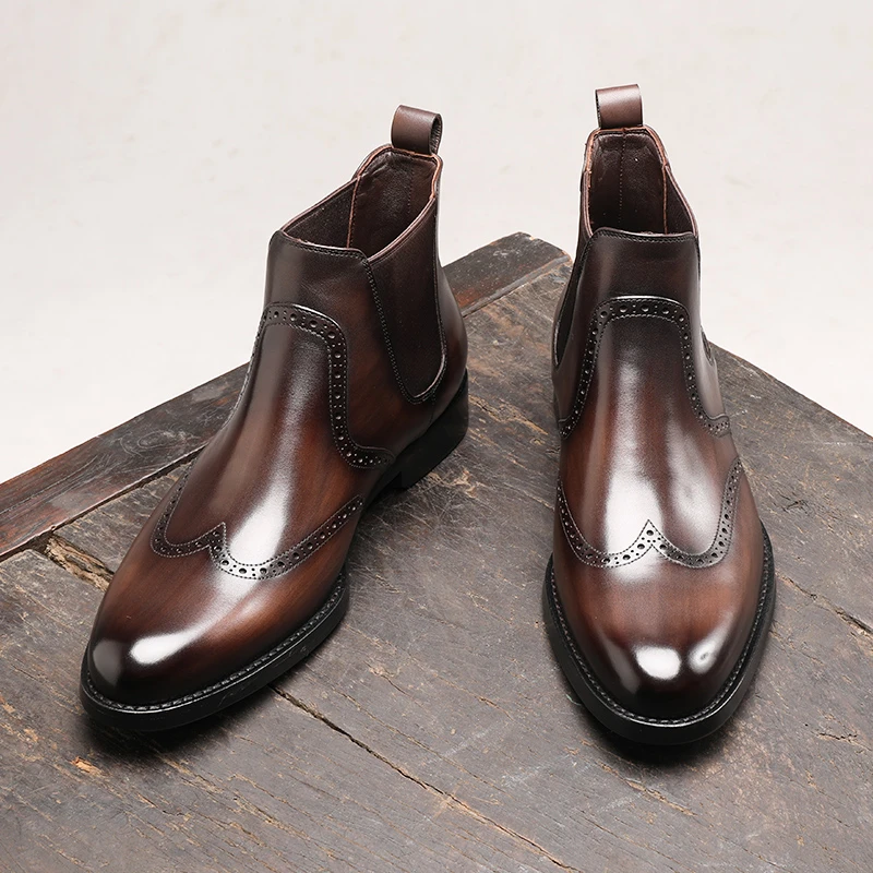 英伦手工布洛克短靴尖头皮靴真皮商务正装皮鞋切尔西靴男J7799801