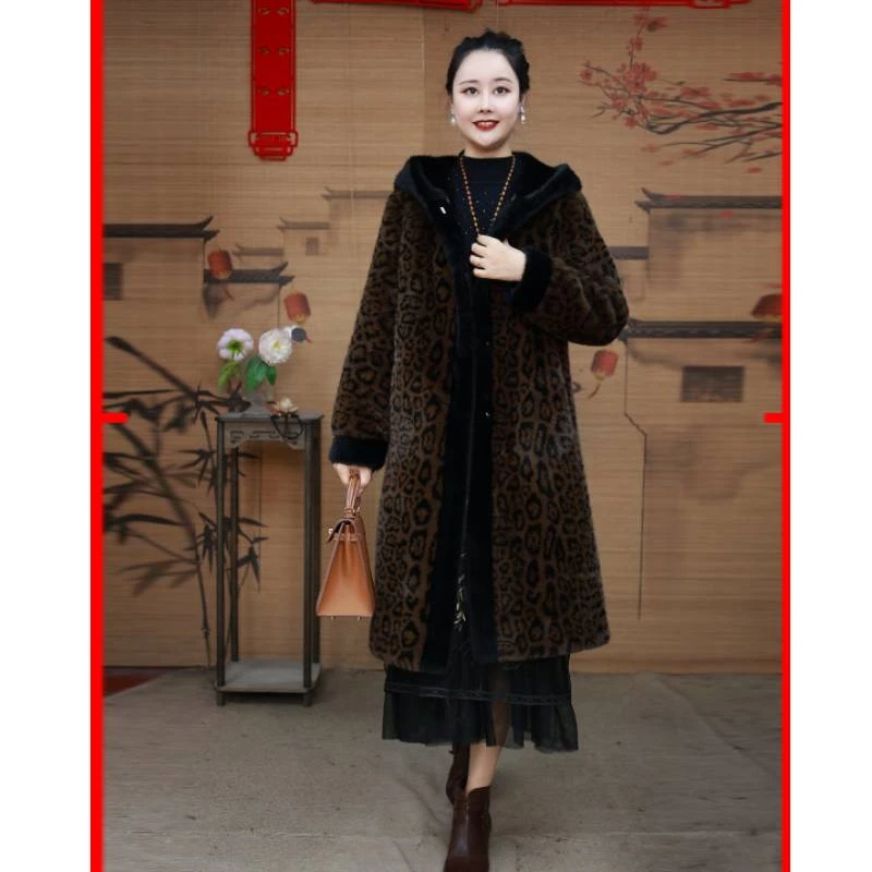 【九妹家】X长款气质豹纹连帽外套显瘦气质秋冬款时尚