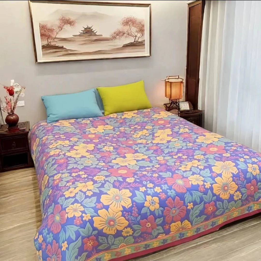 【新人福利 紫色花满园床盖150*200】纱布床盖可铺可盖舒适透气