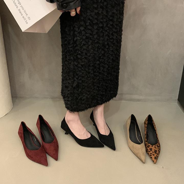 韩版百搭中跟高跟鞋女一脚蹬通勤鞋早秋法式复古单鞋女鞋黑色鞋