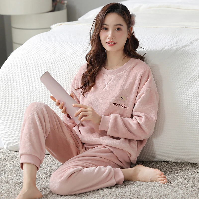 短毛珊瑚绒睡衣女士秋冬季加绒加厚保暖法兰绒休闲家居服保暖套装