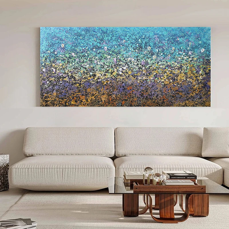 蓝色抽象手绘肌理油画《璀璨》意式客厅横版装饰画现代沙发背景挂画