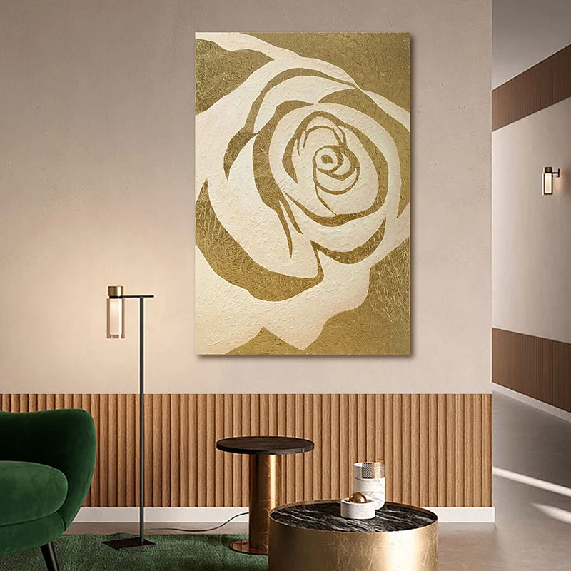 金箔轻奢抽象手绘油画《鎏金玫瑰》现代客厅装饰画古典过道挂画