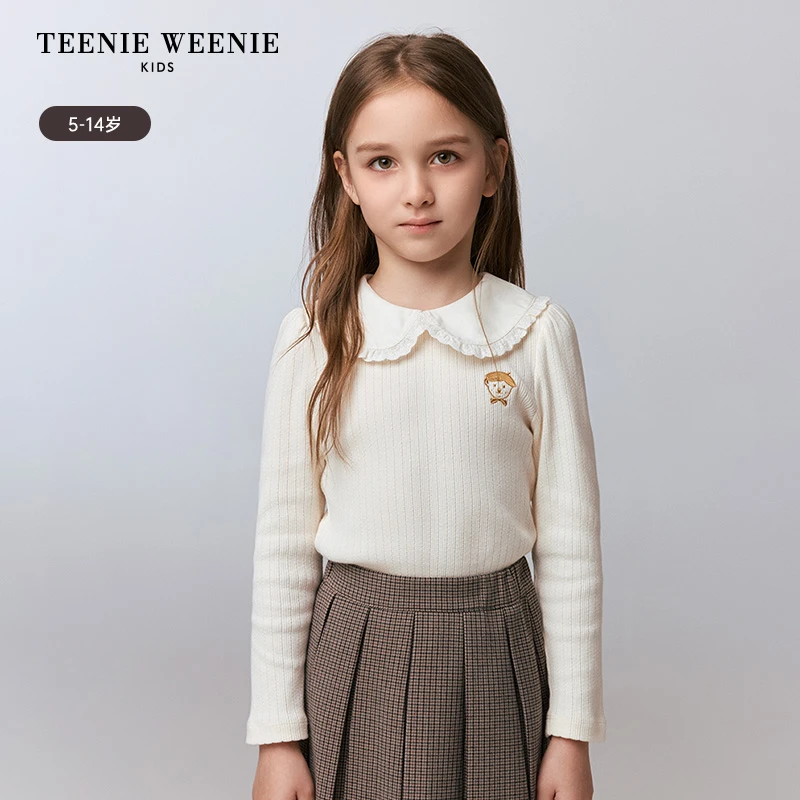 TeenieWeenie Kids小熊童装24秋款女童翻领花边刺绣套头打底衫T恤