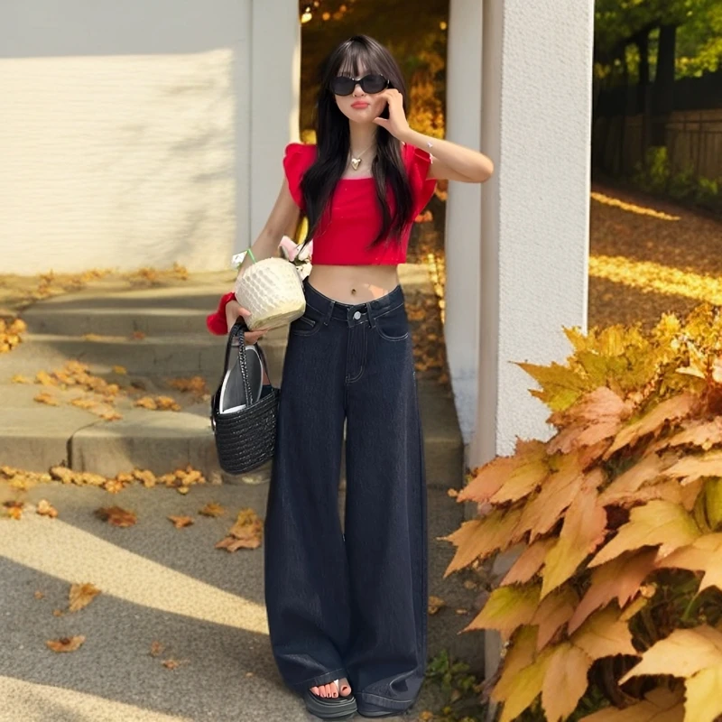 美式深蓝时尚阔腿牛仔裤女复古新款垂感慵懒休闲拖地直筒裤马蹄裤
